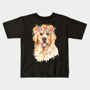 Floral Golden Retriever Dog Kids T-Shirt